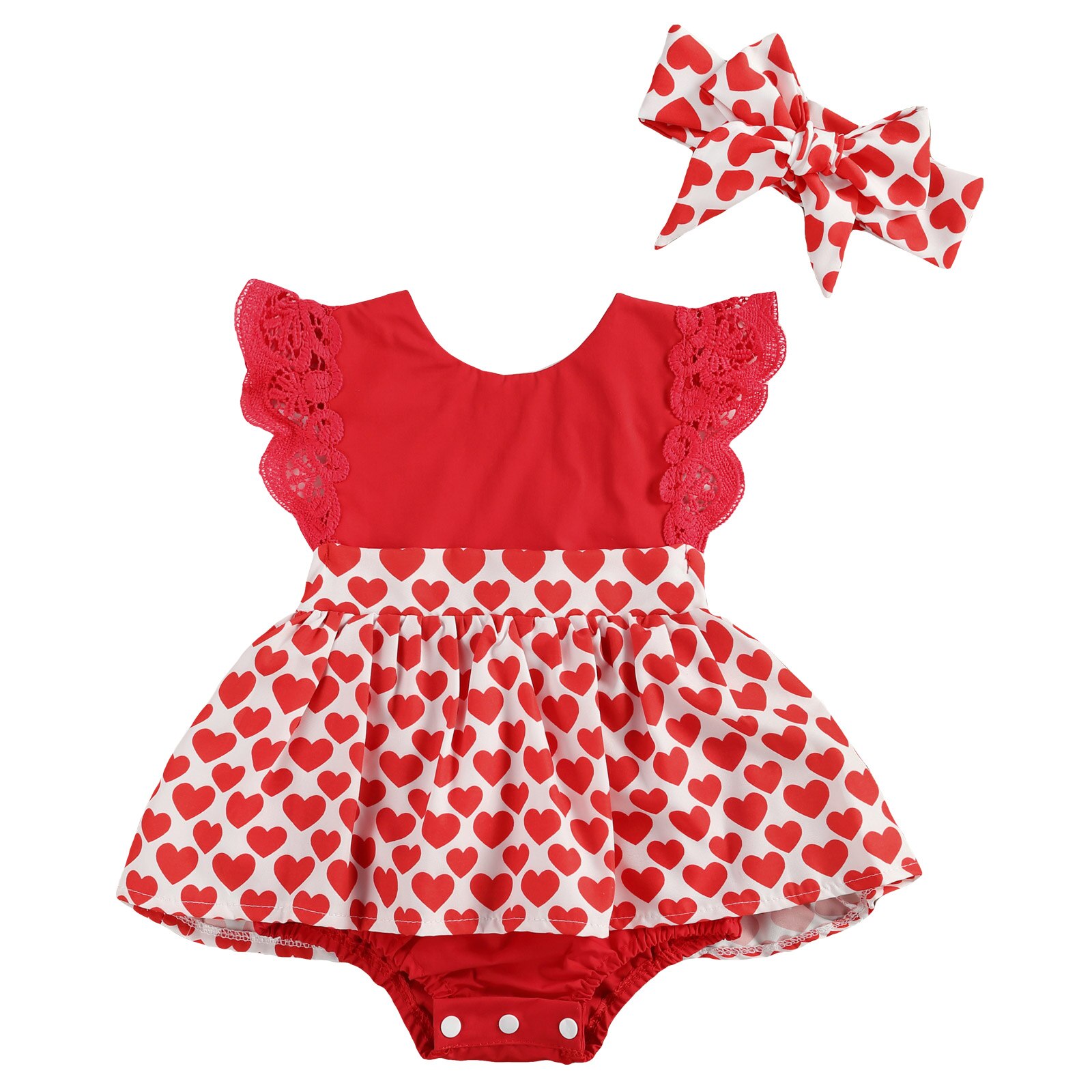 Dia dos namorados bonito do bebê meninas meninos bodysuits bandana amor coração impressão babados laço manga vestido macacões 0-24m