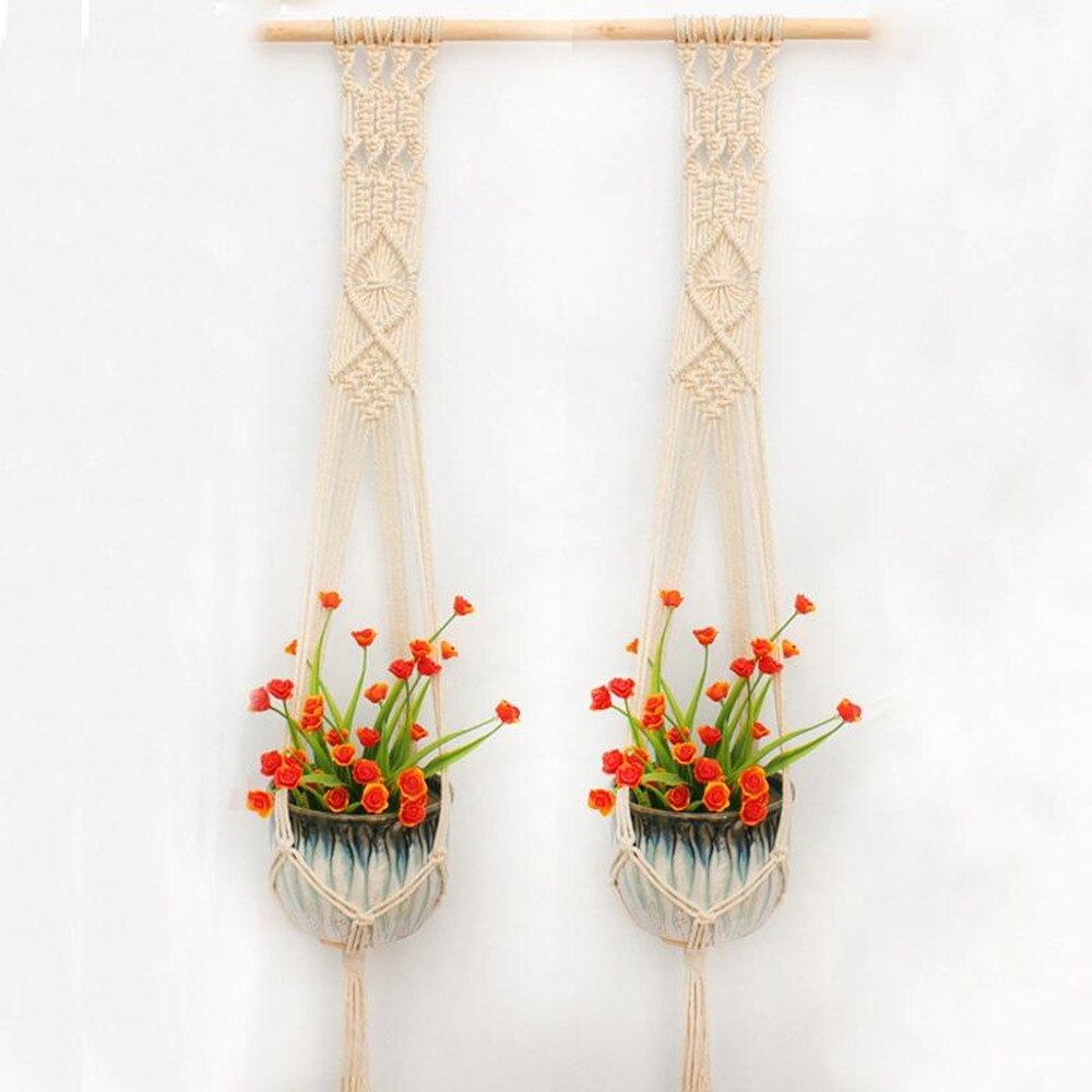 Macrame hængende plante kurv væg plante bøjle hængende plante potteholdere håndstrik hængende planter træpind kurv væg kunst: 3