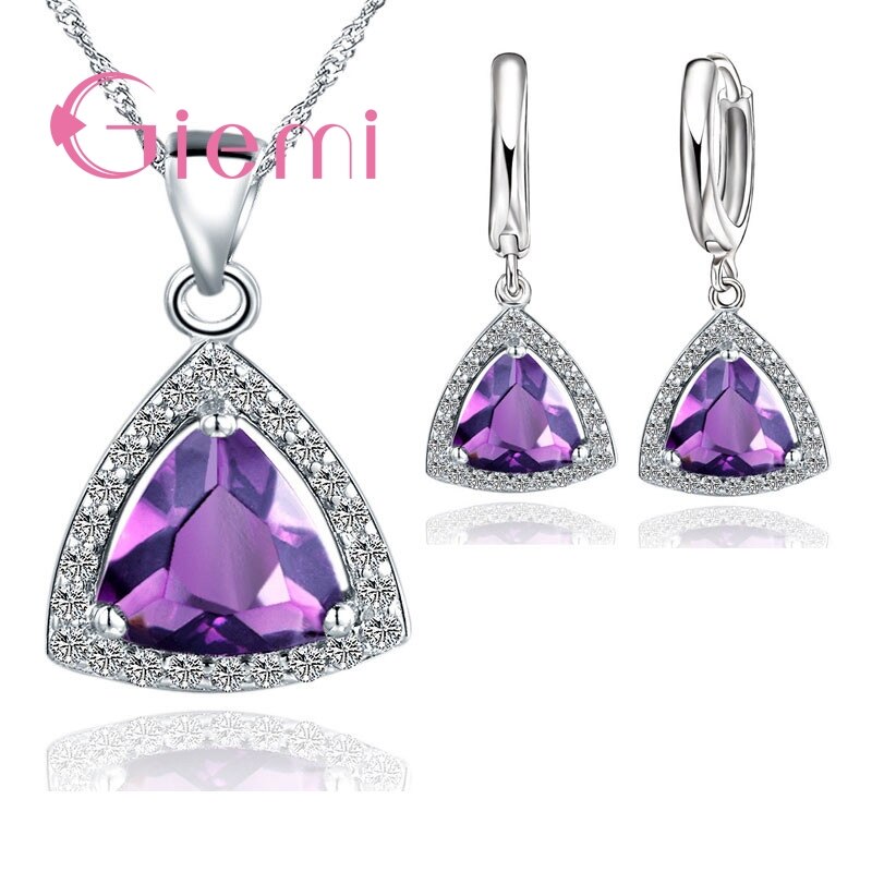 Pure 925 Sterling Silver Jewelry Sets Shiny Triangle Cubic Zirconia Necklace Earrings Bridal Women Wedding Jewellery: Purple