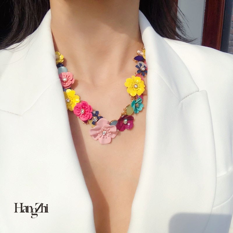 HangZhi-collier de fleurs en métal pour femmes et filles, collier de fleurs en métal, tendance exagération, bijoux, tendance, , tendance,