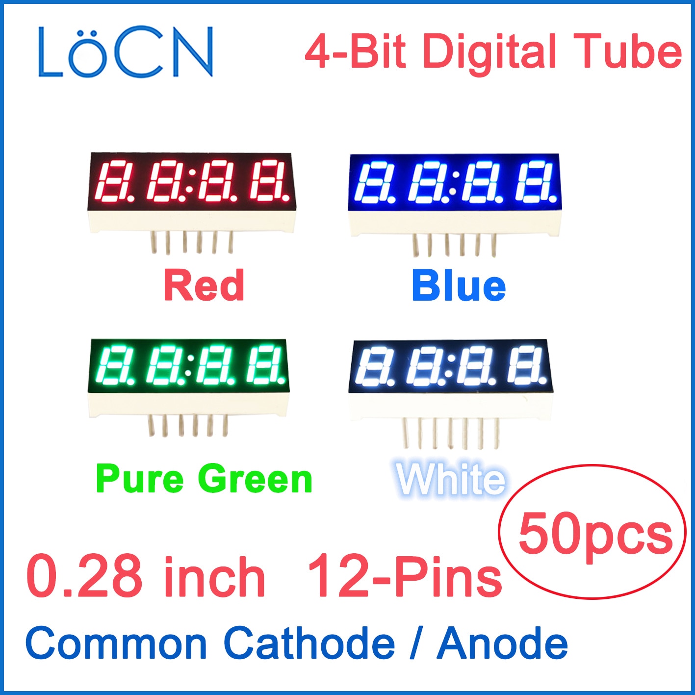 0.28 inch LED Display Digital tube 4 bit RED BLUE PURE GREEN WHITE Common Cathode Anode High Bright Clock Point 50PCS LoCN