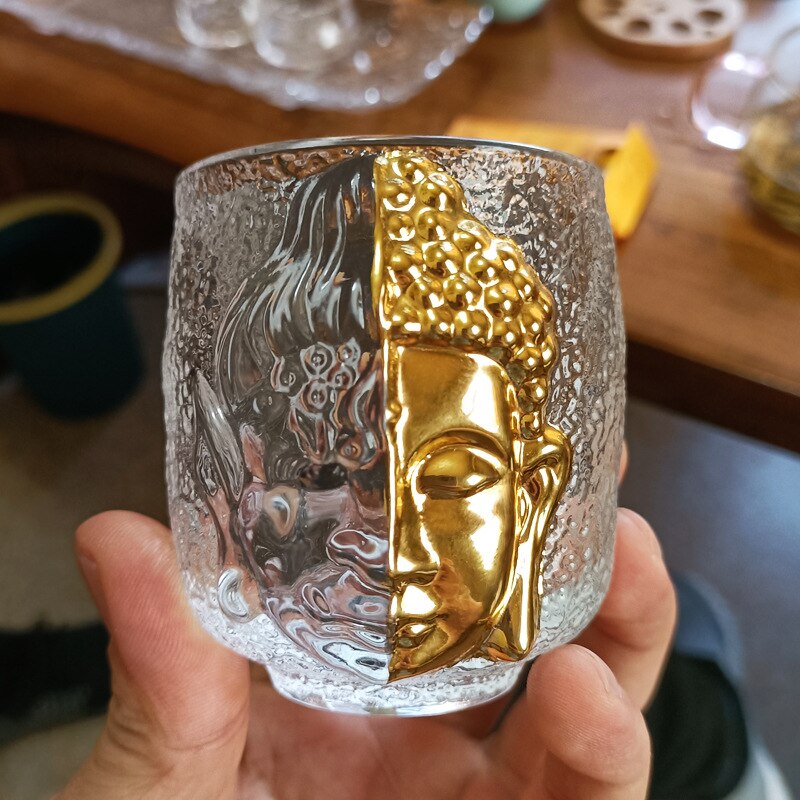 Buddha Kopf Glas Tassen 140ml Indische Buddhismus Kristall Mini Zen Tee Tasse Kleine Schüssel für Puer Wein Kreative Obst saft Trinken Tassen