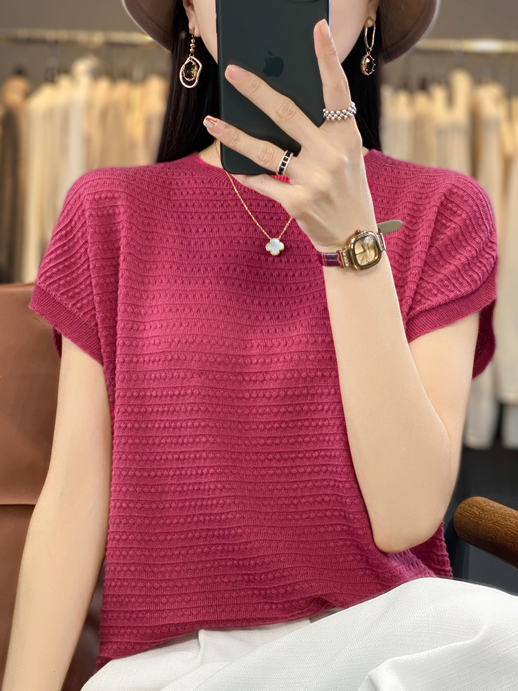Neue Wolle Lyocell Kurzarm T-shirts Pullover frauen Oansatz Batwing Hülse Pullover Weste Sommer Gestrickte Bodenbildung T-shirt: XL / Blau