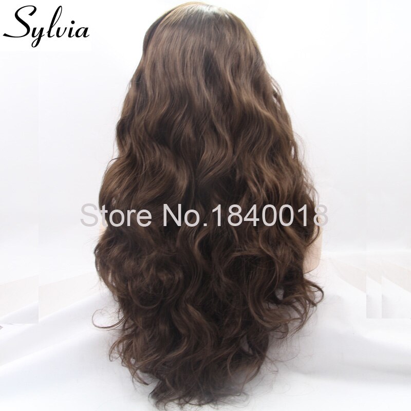 Silvia 6 # Natural castaño oscuro cuerpo ondulado sintético encaje frontal pelucas café marrón sin pegamento resistente al calor pelo de fibra para mujer
