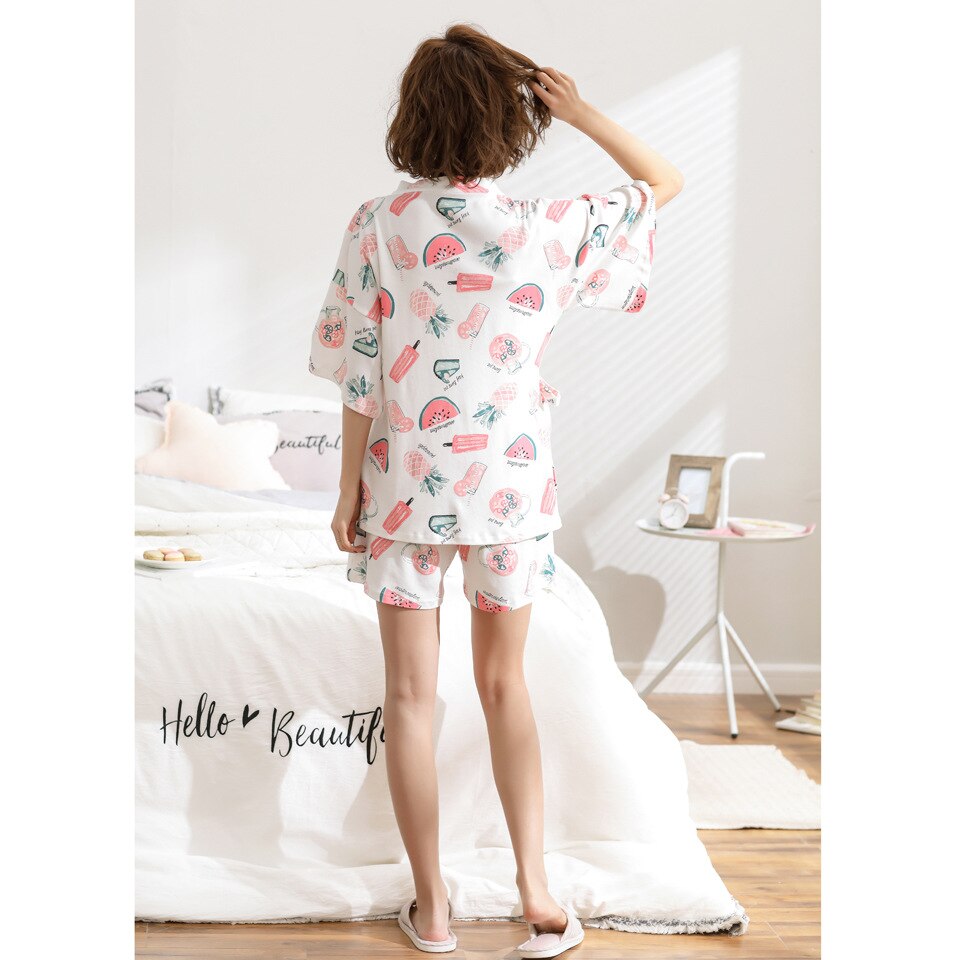 Kimono Pajamas Set Yukata Women Summer Cotton Short-sleeved Cute Watermelon Print Japanese Kimonos Cardigan Home Service Suit