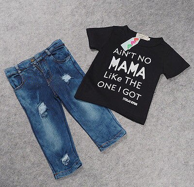Nyfödda småbarn spädbarnskläder,coola kläder för pojkar, t-shirt för bebisar t-shirt + slitna jeans jeansbyxor kläder set