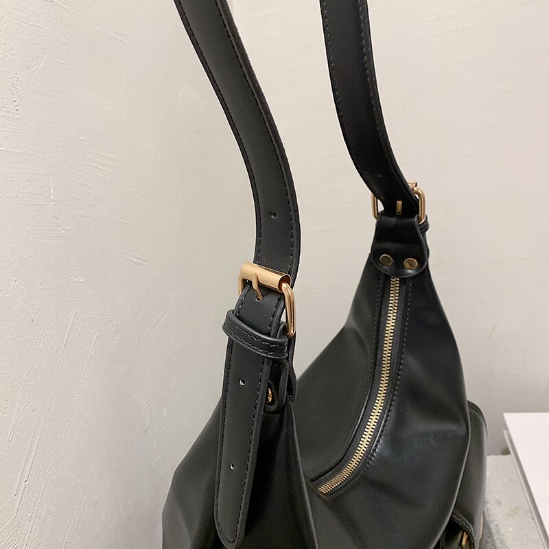 Bolso pequeño Hobo de piel negra para mujer, bandolera de hombro con múltiples bolsillos, Color puro, de de , populares,