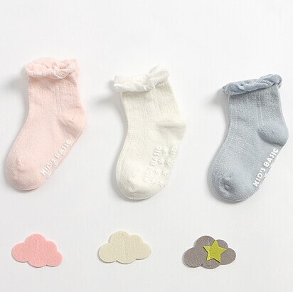 W134 Frete grátis 0-1 anos de idade as crianças meias arrastão verão fina meias de algodão meias de renda cor sólida meninas: 3 pairs Random Color