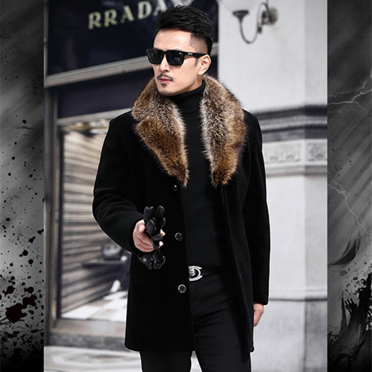 Big Fur Windbreaker Jacket Men Black Long Overcoat Mens Trench Coat Casual Slim Fit Wool Blends Jackets and Coats Outwear 5XL: L