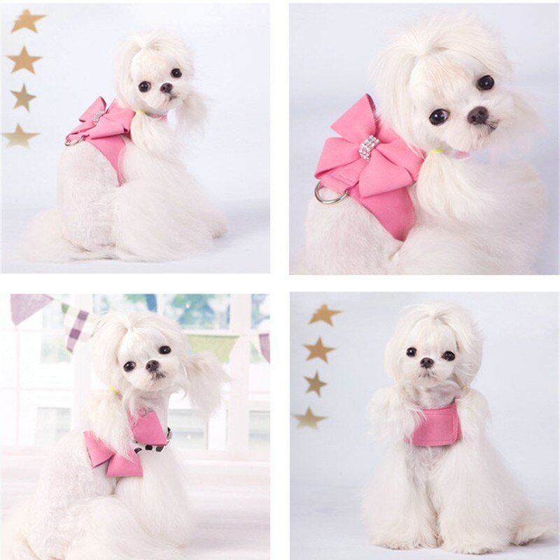 Harnais en cuir suédé souple pour petit chien, pour chiot, Chihuahua Yorkie, mignon, avec nœud en laisse, strass rose