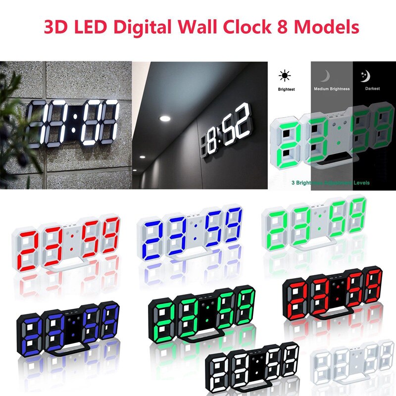 Horloge numérique moderne 3D mur LED, 24 ou 12 heures, alarme bureau heures, pour la maison, le salon ou le bureau, veilleuse