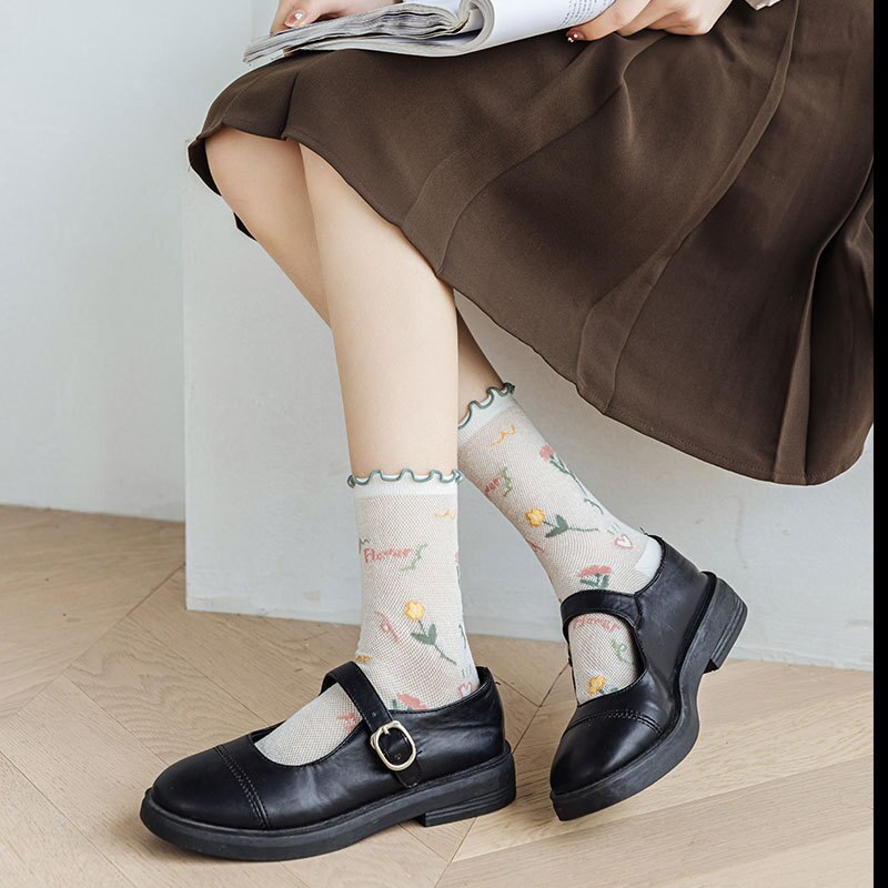 Calcetines largos con volantes para mujer, medias de estilo universitario, Harajuku, Retro