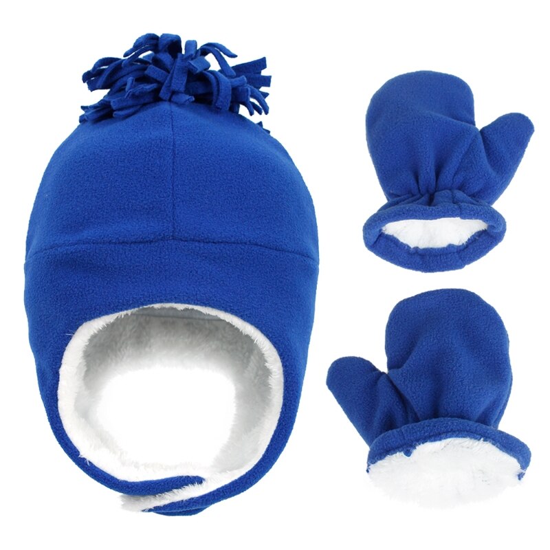 Baby vinter varm fleece hue og vante sæt småbørn baby børn pilot hat børn handsker til spædbørn baby motorhjelm tøj tilbehør: Kongeblå til 3-10y