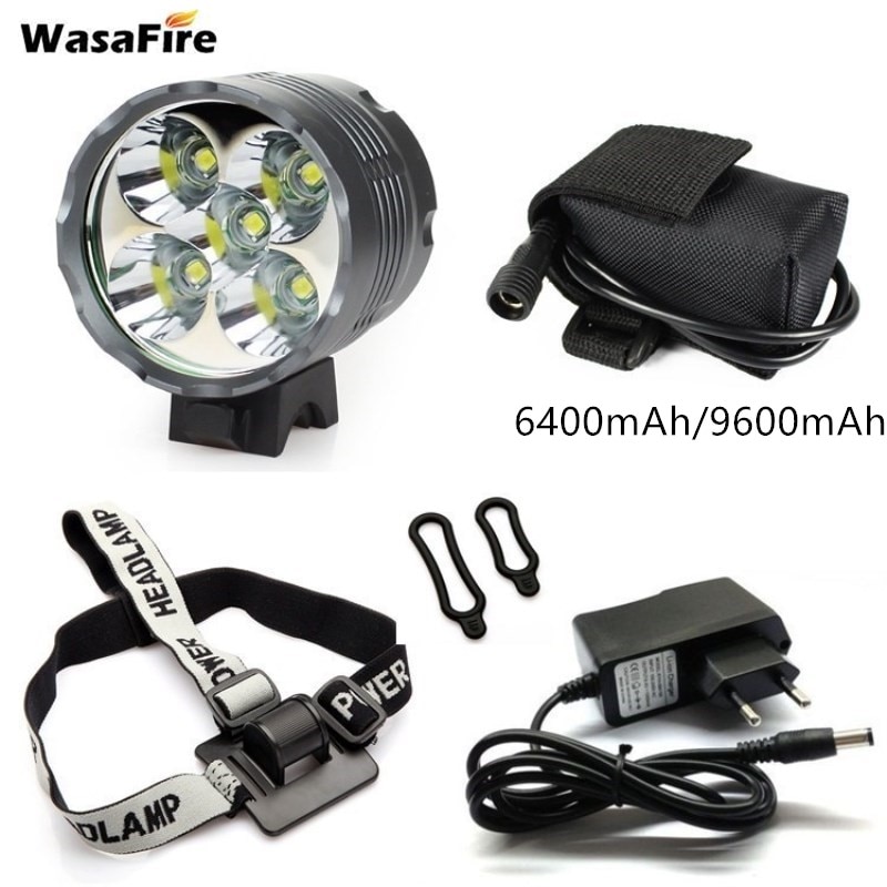 Wasafire 5 * Xml T6 Fiets Licht 7000 Lumen Led Fiets Licht Koplamp Fietsen Mtb Koplamp + 9600 Mah Batterij pack + 8.4V Lader