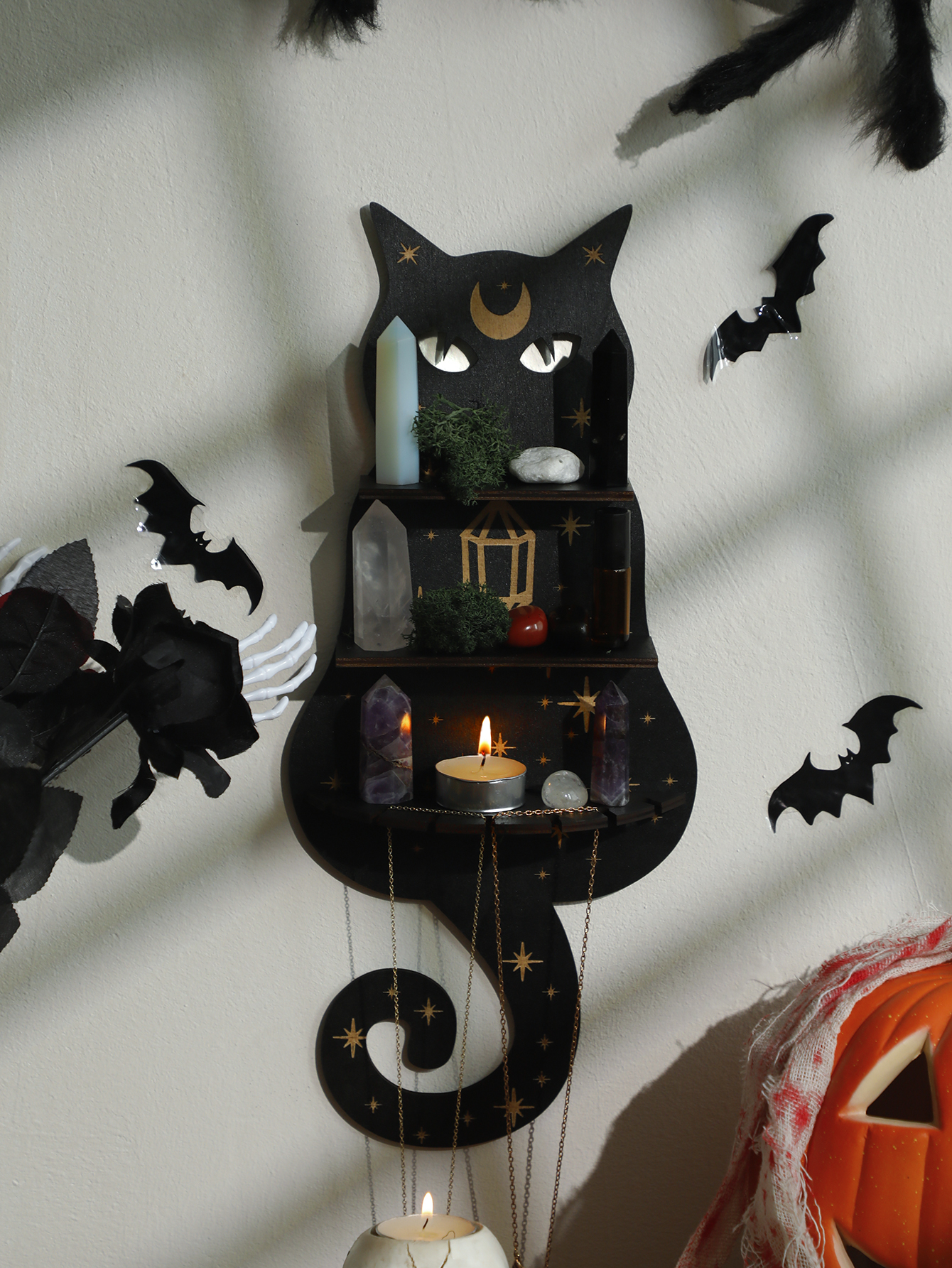 Black Cat Wooden Shelf Moon Phase Floating Shelf Chakra Crystal Holder Stone Display Stand Wall Decor Witchy Home Decorations: DEEP BLUE