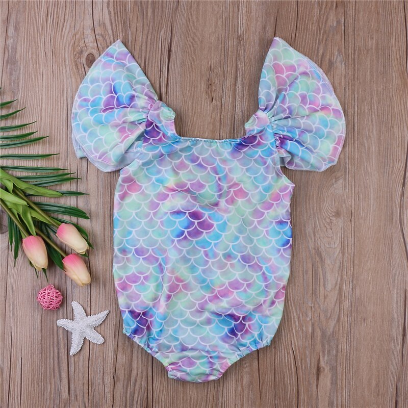 Mioglrie Badeanzug Für Baby-Mädchen – Einteiler Mit Schleife & Stirnband – Schmetterling, Blumen, Meerjungfrau-Muster – Für Strand & Pool
