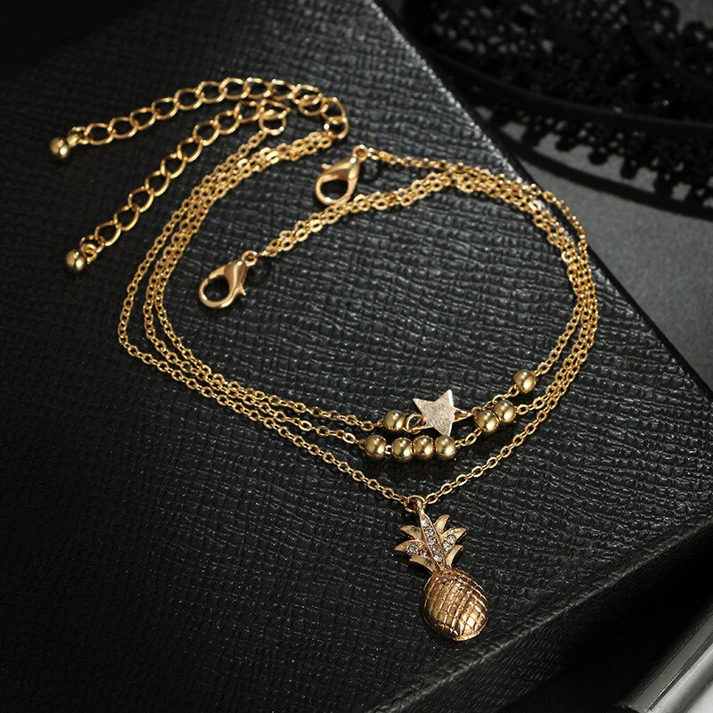 Tobillera de piña con estrella dorada multicapa para mujer, abalorios de colores dorados, joyería de para