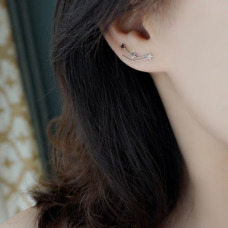Echt 925 Sterling Zilveren Meteor Oor Klimmers Leuke Ster Oor Crawler Oorbellen Voor Vrouwen Meisjes Fijne Sieraden