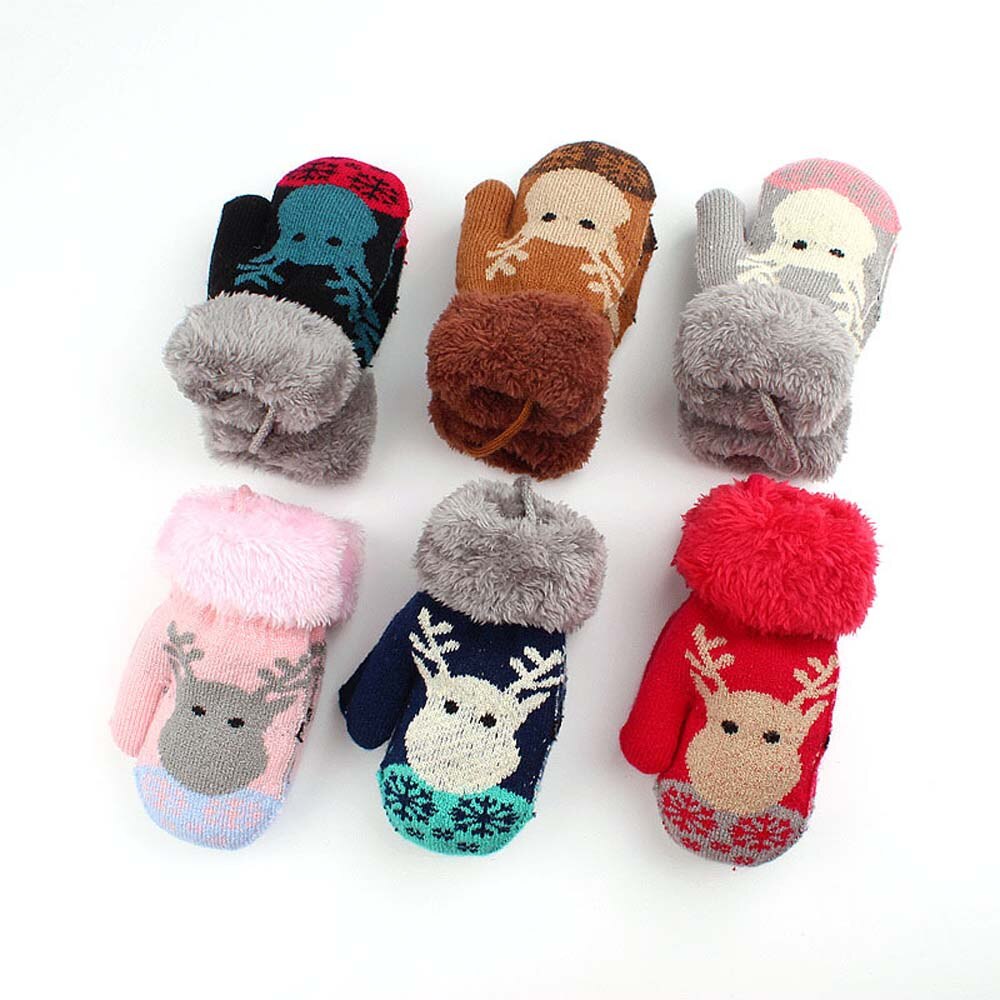 Christmas Toddler Baby Winter Cartoon Deer Velvet Knitted Mittens Gloves Boy Girl Kids Children Outdoor Child Gloves