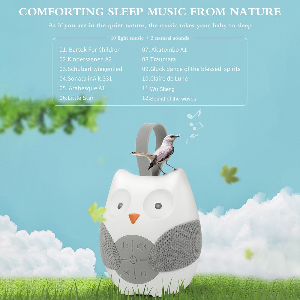 Baby Bed Slaap Helper Uil Muziekspeler 12 Rustgevende Geluiden Lullaby Slaap Geluid Apparaat Auto-Off Baby Vroege Onderwijs speelgoed