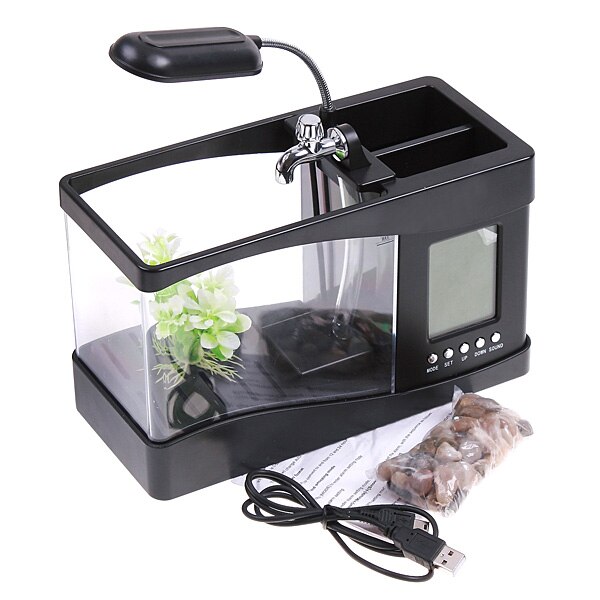 USB Mini Aquarium Fish Tank with LED Lamp Light Aquarium Fishbowl With LCD Display Screen and Clock Fish Tank Aquarium