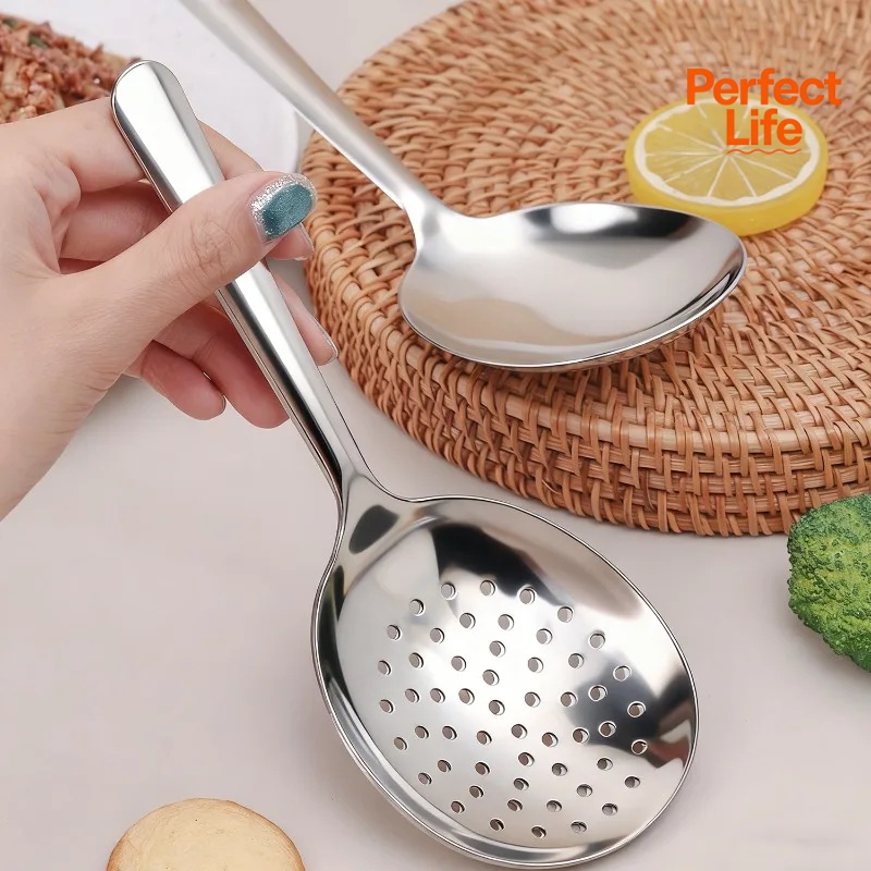 1Pc Stainless Steel Ladles For Serving Soup Rice Serving Spoon Drain Hole Heat Insulated Handle Kitchen Utensils For Daily Use