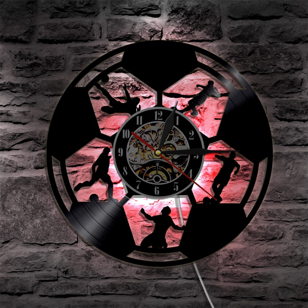 1Piece Soccer Football Ball Silhouette LED Light Sport Vinyl Record Wall Clock For Soccer Lover Footballer