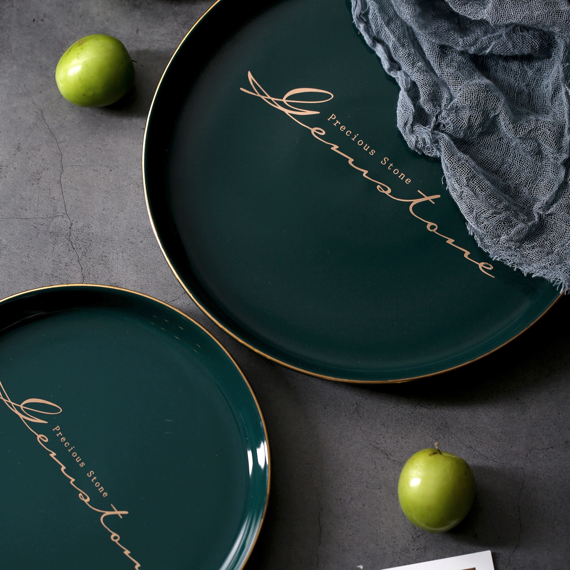 Nordic Gold Edge Ceramic Plate Green Round Porcelain Household Dinner Plate Steak Dessert Tray Breakfast Fruit Cake Dishes Plate