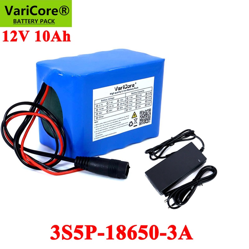 Varicore 12v 10ah 18650 li- lon batteripakke 10000 mah med bms til monitor nødlys uafbrudt strøm  +12.6v 3a oplader