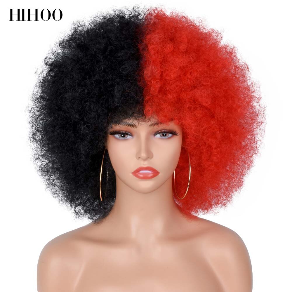 Peluca Afro rizada de pelo corto con flequillo para mujer, peluca sintética rosa para Cosplay, color negro, azul, rojo y marrón para Halloween: T1B/350