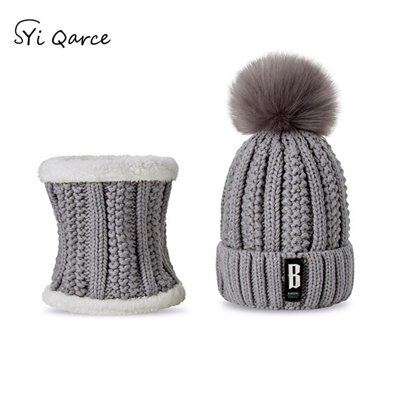 SYi Qarce Letter B 2 Pcs Women Winter Warm Knitted Hat Scarf Set Fleece Prefect Christmas for Girl's Women's hat and scarf: Grey