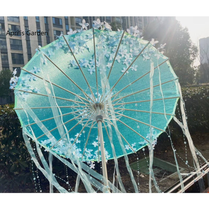 Paraguas de playa de flores, Kimono Hanfu, accesorios de fotografía para Cosplay, artesanía, papel al óleo, sombrilla de encaje, paraguas japonés de China, El Principito: Azul