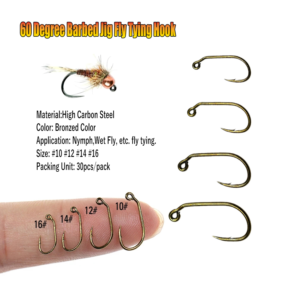 Wifreo 30Pcs 60 Graden Prikkeldraad Jig Vliegbindset Haak Brede Kloof Trout Vishaken #10 #12 #14 #16