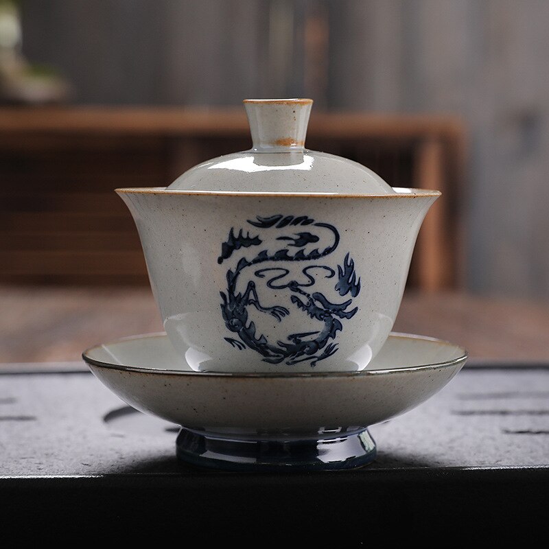 Retro Chinese Tea Cups Ceramic Gaiwan Tea Cup and Tea Lid Set Handmade Kung Fu Sancai Tea Bowl Drinkware: A