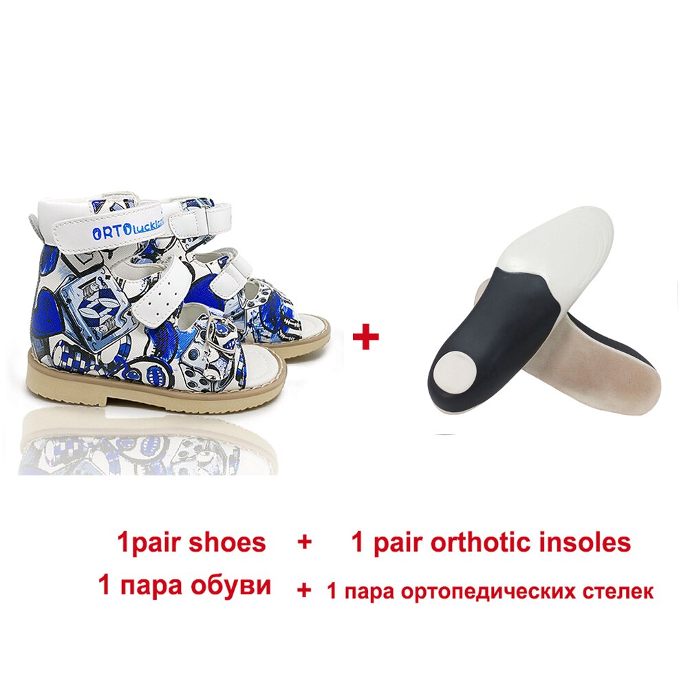 Ortoluckland kleinkind jungen walking sandalen leder orthopädische schuhe für kinder kinder schnalle muster starre plattfuß schuhe: with insole / 13