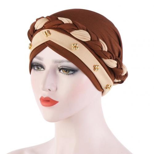 Kvinnor tvinnad flätad turban hatt hijab mössa pärlor håravfall huvudskydd huvudbonader huvudbonad hår styling tillbehör muslim halsduk: Mörk kaffehaki