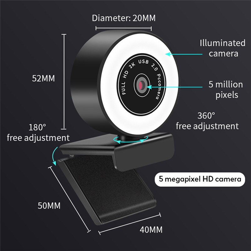 Autofocus Hd Webcam 1080P 2K Usb 5 Miljoen Pixels Web Camera Pc Laptop Desktop Computer Met Microfoon Ring licht Statief Web Cam