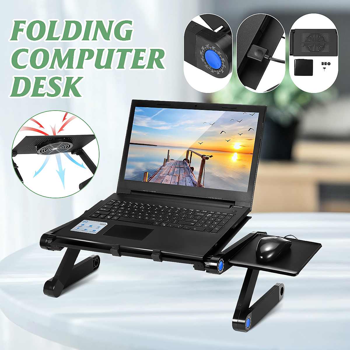 Adjustable Laptop Desk Ergonomic Computer Desk With Fan Portable Height Adjustable For TV Bed Lapdesk Tray PC Mouse Table Stand
