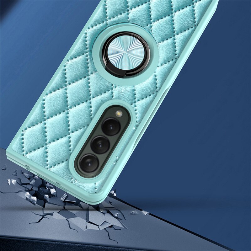 Diamant Telefoon Geval Voor Samsung Galaxy Z Vouw 3 5G Embossing Lederen Ring Met Houder Shockproof Back Cover Voor galaxy Z Vouw 3