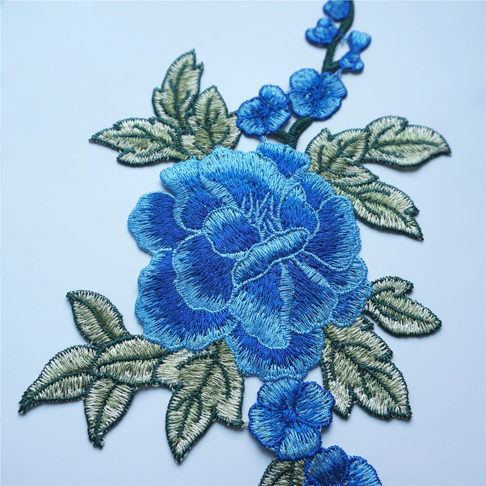 2 STUKS Blauw Pioen Bloemen Bladeren Borduren Stof Applicaties Sew Patches Trimmings Voor Avondjurk DIY Bruiloft Decoratie