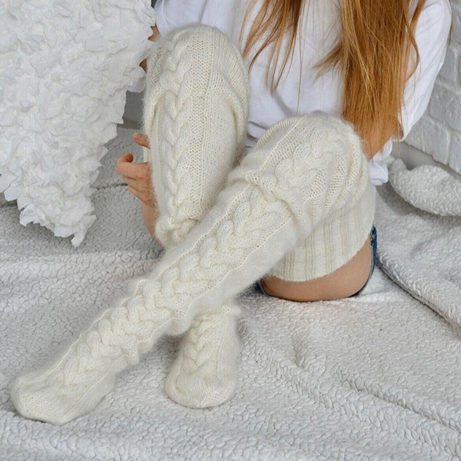 Women Solid Color Knitted Extra Long Socks Over Knee Thigh Stockings Leg Warmers