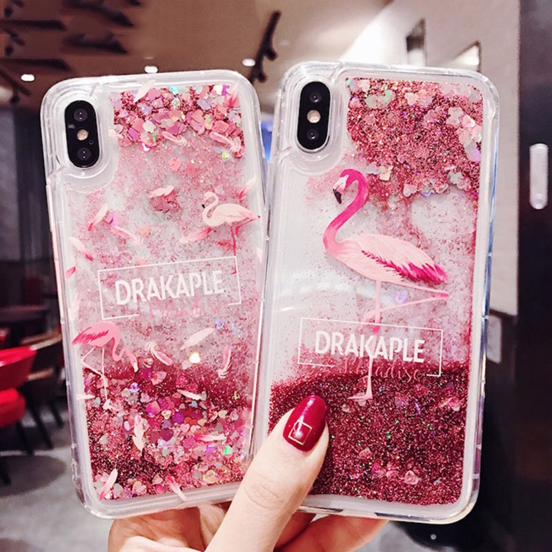 Funda de arena movediza para iPhone X 7 para iPhone 6 6s Plus XR XS Max 11PRO funda de teléfono de flamencos Bling dinámico corazones de amor contraportada