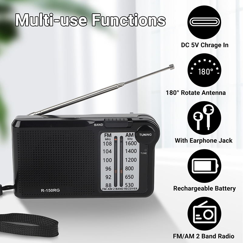 R-150 Portable AM/FM radio with Speaker Headphone Jack 2 AA batteries For Indoor Outdoor and Emergency Use
