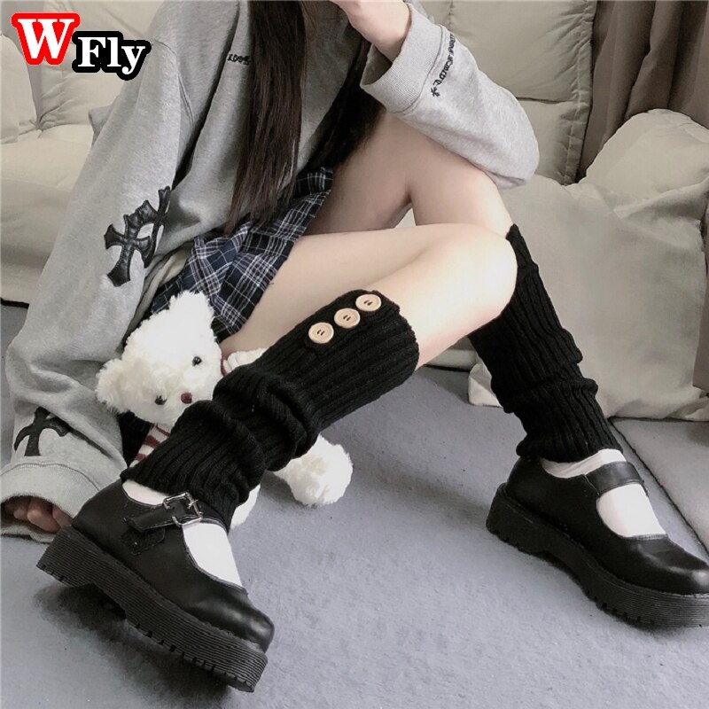 Japanese JK uniform Leg Warmers Korean Lolita girls&#39; ins Button Knit LONG socks girls pile up socks Foot warming cover: black