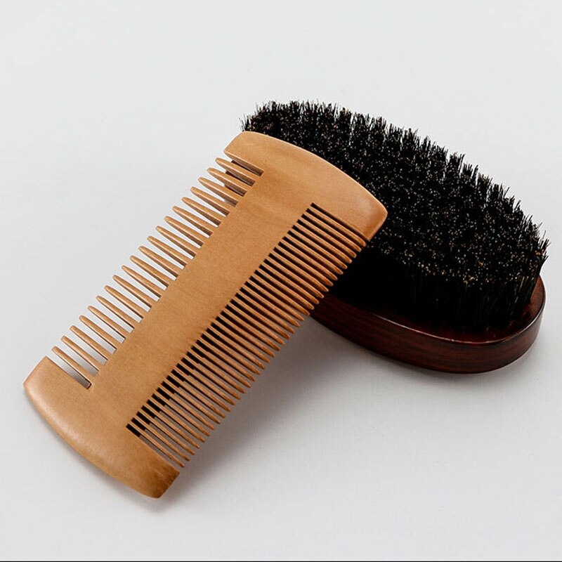Wood Beard Kit Beard Brush Set Double-Sided Styling Comb Scissor Repair Modeling Cleaning Care Kit for Men