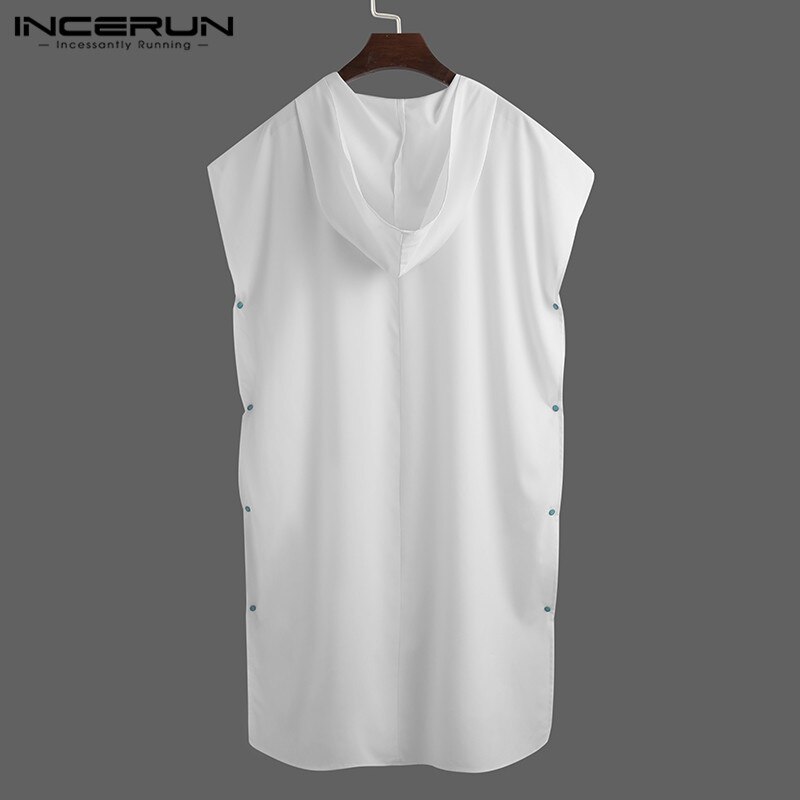 Men Robes Hooded Short Sleeve Quick Dry Solid Color Nightgown Leisure Bathrobes Button Homewear Mens Beach Robes INCERUN S-5XL