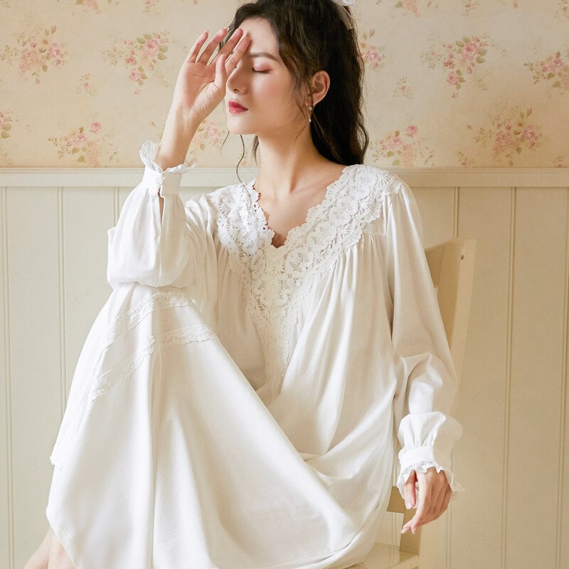 Victoriaanse Katoen Nacht Jurk Vrouwen Herfst Witte Lange Peignoir Grote Maat Vintage Robe Gown Romantische Nachtjapon Prinses Nachtkleding