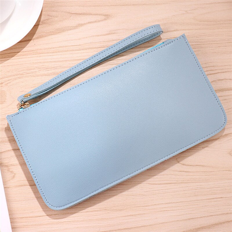 Mode Vrouwen Portemonnee Lange Pu Lederen Portemonnee Vrouwelijke Rits Slim Clutch Dames Polsbandje Ultra Dunne Mobiele Telefoon Bag Coin portemonnee: Light blue