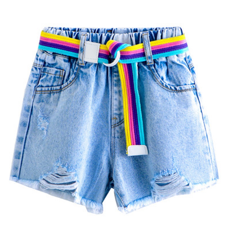 Pantaloncini di Jeans per ragazze con cintura pantaloncini di Jeans con foro strappato stampa arcobaleno lettera estate simpatici vestiti per bambini per adolescenti 6 8 10 12 14 anni