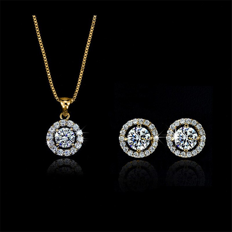 Klassieke Vrouwelijke White Crystal Sieraden Set Charm Goud Zilver Kleur Stud Oorbellen Voor Vrouwen Dainty Ronde Bruiloft Collier